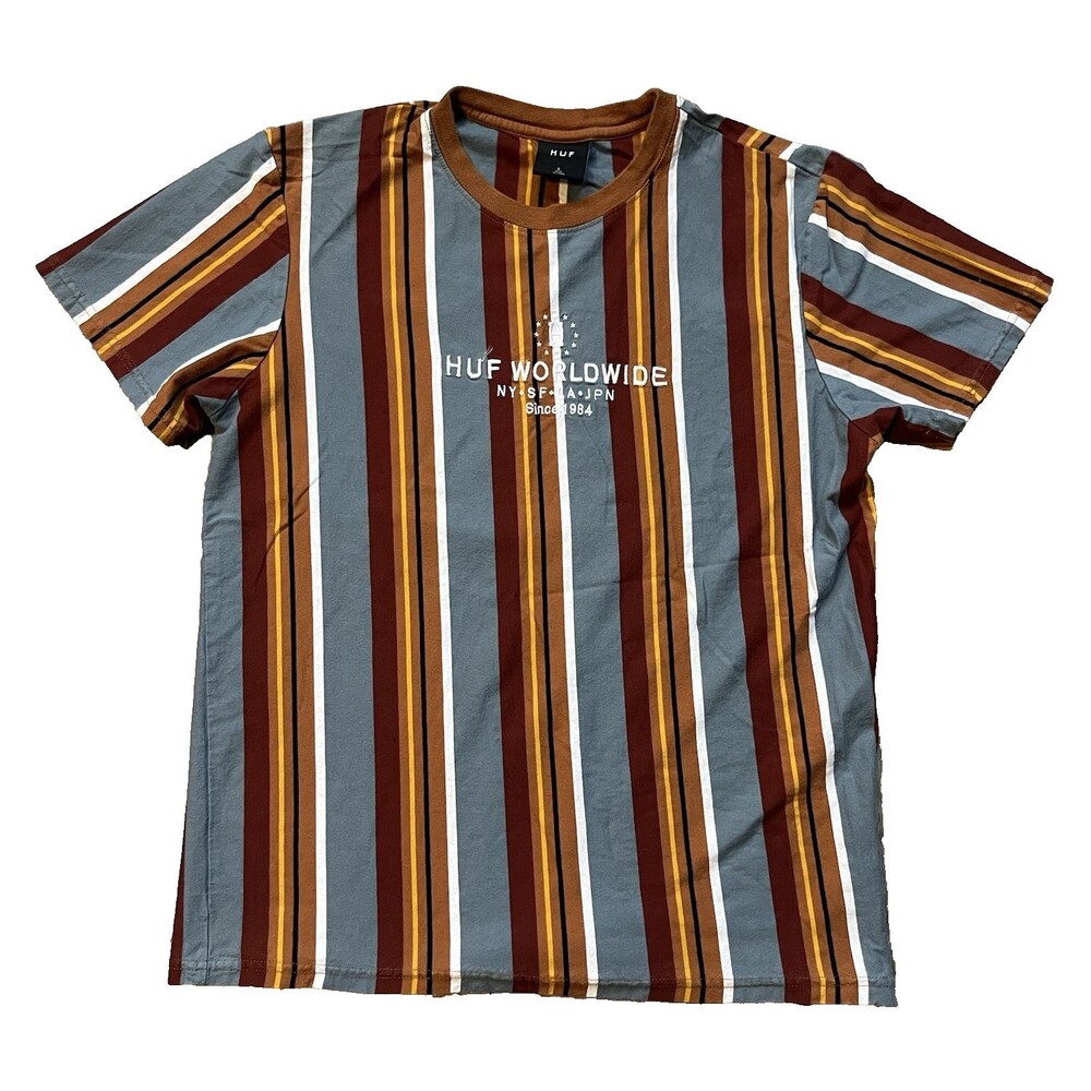 HUF Worldwide Striped T-Shirt Size Large Multi Color Skate T-Shirt